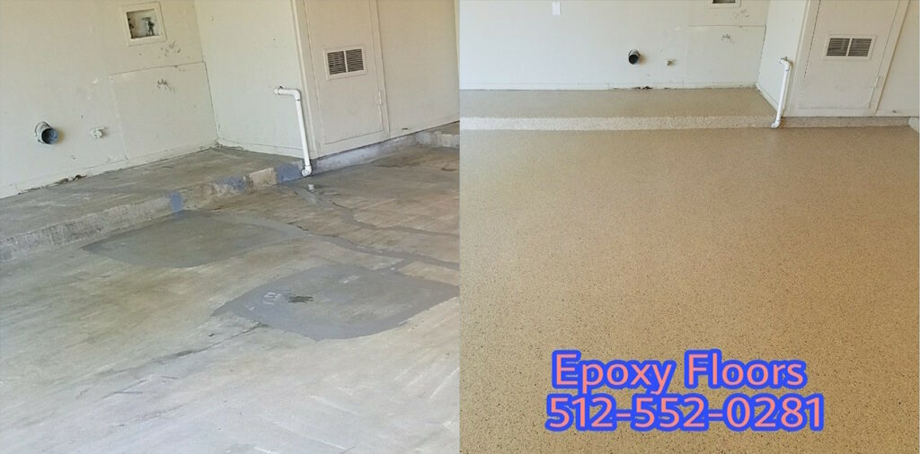 20 year old garage floor with concrete patches due to house leveling was cleaned , etched and coated with epoxy with flakes.